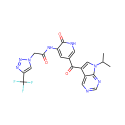 CC(C)n1cc(C(=O)c2c[nH]c(=O)c(NC(=O)Cn3cc(C(F)(F)F)nn3)c2)c2cncnc21 ZINC000261148792