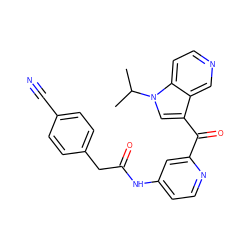 CC(C)n1cc(C(=O)c2cc(NC(=O)Cc3ccc(C#N)cc3)ccn2)c2cnccc21 ZINC001772590085