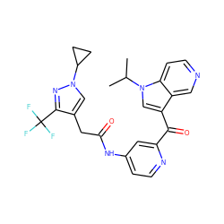 CC(C)n1cc(C(=O)c2cc(NC(=O)Cc3cn(C4CC4)nc3C(F)(F)F)ccn2)c2cnccc21 ZINC001772623333