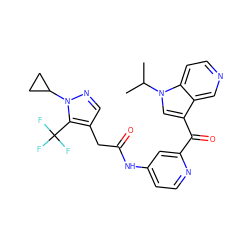 CC(C)n1cc(C(=O)c2cc(NC(=O)Cc3cnn(C4CC4)c3C(F)(F)F)ccn2)c2cnccc21 ZINC001772585619