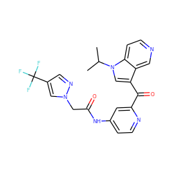 CC(C)n1cc(C(=O)c2cc(NC(=O)Cn3cc(C(F)(F)F)cn3)ccn2)c2cnccc21 ZINC001772613735