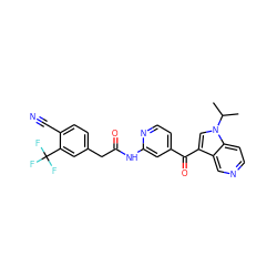 CC(C)n1cc(C(=O)c2ccnc(NC(=O)Cc3ccc(C#N)c(C(F)(F)F)c3)c2)c2cnccc21 ZINC001772645033