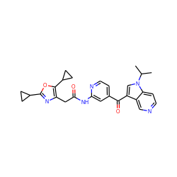 CC(C)n1cc(C(=O)c2ccnc(NC(=O)Cc3nc(C4CC4)oc3C3CC3)c2)c2cnccc21 ZINC001772624304