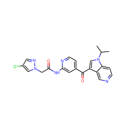 CC(C)n1cc(C(=O)c2ccnc(NC(=O)Cn3cc(Cl)cn3)c2)c2cnccc21 ZINC001772603667