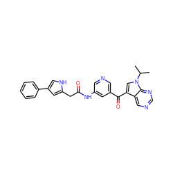 CC(C)n1cc(C(=O)c2cncc(NC(=O)Cc3cc(-c4ccccc4)c[nH]3)c2)c2cncnc21 ZINC000221754543