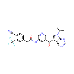 CC(C)n1cc(C(=O)c2cncc(NC(=O)Cc3ccc(C#N)c(C(F)(F)F)c3)c2)c2cncnc21 ZINC000169707643