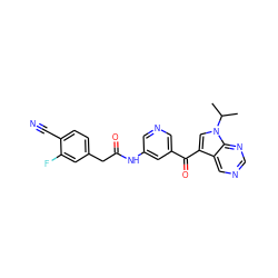 CC(C)n1cc(C(=O)c2cncc(NC(=O)Cc3ccc(C#N)c(F)c3)c2)c2cncnc21 ZINC000169707647