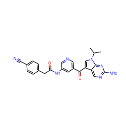 CC(C)n1cc(C(=O)c2cncc(NC(=O)Cc3ccc(C#N)cc3)c2)c2cnc(N)nc21 ZINC000169707801