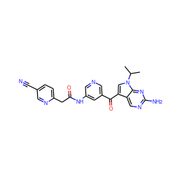 CC(C)n1cc(C(=O)c2cncc(NC(=O)Cc3ccc(C#N)cn3)c2)c2cnc(N)nc21 ZINC000169686156