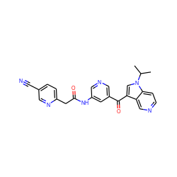 CC(C)n1cc(C(=O)c2cncc(NC(=O)Cc3ccc(C#N)cn3)c2)c2cnccc21 ZINC001772607136