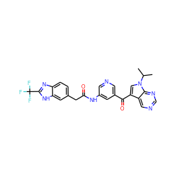 CC(C)n1cc(C(=O)c2cncc(NC(=O)Cc3ccc4nc(C(F)(F)F)[nH]c4c3)c2)c2cncnc21 ZINC000221753532