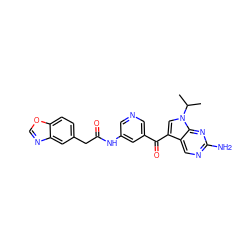 CC(C)n1cc(C(=O)c2cncc(NC(=O)Cc3ccc4ocnc4c3)c2)c2cnc(N)nc21 ZINC000169707806