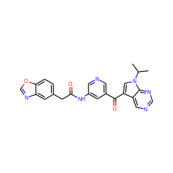 CC(C)n1cc(C(=O)c2cncc(NC(=O)Cc3ccc4ocnc4c3)c2)c2cncnc21 ZINC000169707658