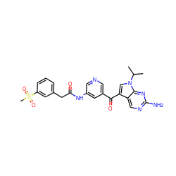 CC(C)n1cc(C(=O)c2cncc(NC(=O)Cc3cccc(S(C)(=O)=O)c3)c2)c2cnc(N)nc21 ZINC000169707807