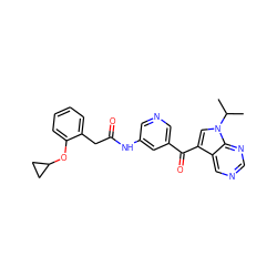 CC(C)n1cc(C(=O)c2cncc(NC(=O)Cc3ccccc3OC3CC3)c2)c2cncnc21 ZINC000169707641