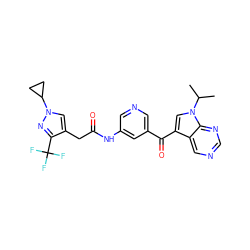 CC(C)n1cc(C(=O)c2cncc(NC(=O)Cc3cn(C4CC4)nc3C(F)(F)F)c2)c2cncnc21 ZINC000169707896