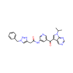 CC(C)n1cc(C(=O)c2cncc(NC(=O)Cc3cn(Cc4ccccc4)nn3)c2)c2cncnc21 ZINC000169707703