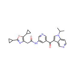 CC(C)n1cc(C(=O)c2cncc(NC(=O)Cc3nc(C4CC4)oc3C3CC3)c2)c2cnccc21 ZINC001772589773