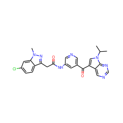 CC(C)n1cc(C(=O)c2cncc(NC(=O)Cc3nn(C)c4cc(Cl)ccc34)c2)c2cncnc21 ZINC000169707704