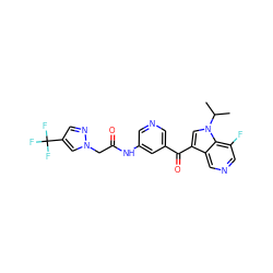 CC(C)n1cc(C(=O)c2cncc(NC(=O)Cn3cc(C(F)(F)F)cn3)c2)c2cncc(F)c21 ZINC001772624785