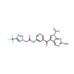 CC(C)n1cc(C(=O)c2cncc(NC(=O)Cn3cc(C(F)(F)F)nn3)c2)c2cnc(N)nc21 ZINC000169707800