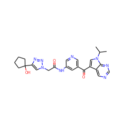 CC(C)n1cc(C(=O)c2cncc(NC(=O)Cn3cc(C4(O)CCCC4)nn3)c2)c2cncnc21 ZINC000169707904