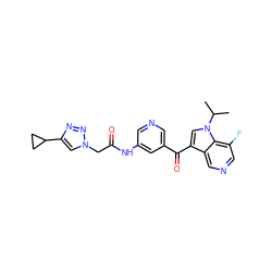 CC(C)n1cc(C(=O)c2cncc(NC(=O)Cn3cc(C4CC4)nn3)c2)c2cncc(F)c21 ZINC001772592475