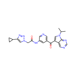 CC(C)n1cc(C(=O)c2cncc(NC(=O)Cn3cc(C4CC4)nn3)c2)c2cncnc21 ZINC000169707657