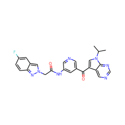 CC(C)n1cc(C(=O)c2cncc(NC(=O)Cn3cc4cc(F)ccc4n3)c2)c2cncnc21 ZINC000169707663