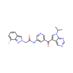 CC(C)n1cc(C(=O)c2cncc(NC(=O)Cn3cc4cccc(F)c4n3)c2)c2cncnc21 ZINC000169707669