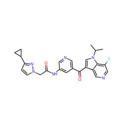 CC(C)n1cc(C(=O)c2cncc(NC(=O)Cn3ccc(C4CC4)n3)c2)c2cncc(F)c21 ZINC001772580182