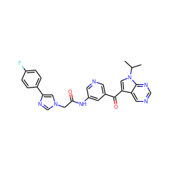 CC(C)n1cc(C(=O)c2cncc(NC(=O)Cn3cnc(-c4ccc(F)cc4)c3)c2)c2cncnc21 ZINC000169707906