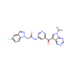 CC(C)n1cc(C(=O)c2cncc(NC(=O)Cn3ncc4cc(F)ccc43)c2)c2cncnc21 ZINC000169707664