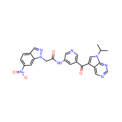 CC(C)n1cc(C(=O)c2cncc(NC(=O)Cn3ncc4ccc([N+](=O)[O-])cc43)c2)c2cncnc21 ZINC000169707687