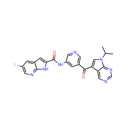 CC(C)n1cc(C(=O)c2cncc(NC(=O)c3cc4cc(F)cnc4[nH]3)c2)c2cncnc21 ZINC000221756800