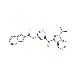 CC(C)n1cc(C(=O)c2cncc(NC(=O)c3cc4ccccn4n3)c2)c2cncnc21 ZINC000169708017