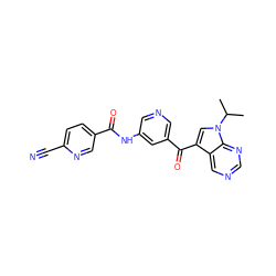 CC(C)n1cc(C(=O)c2cncc(NC(=O)c3ccc(C#N)nc3)c2)c2cncnc21 ZINC000169707994