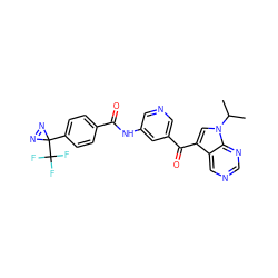 CC(C)n1cc(C(=O)c2cncc(NC(=O)c3ccc(C4(C(F)(F)F)N=N4)cc3)c2)c2cncnc21 ZINC000169707845