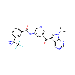 CC(C)n1cc(C(=O)c2cncc(NC(=O)c3cccc(C4(C(F)(F)F)N=N4)c3)c2)c2cncnc21 ZINC000169707844