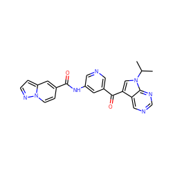 CC(C)n1cc(C(=O)c2cncc(NC(=O)c3ccn4nccc4c3)c2)c2cncnc21 ZINC000169707969