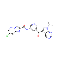 CC(C)n1cc(C(=O)c2cncc(NC(=O)c3cn4ncc(Cl)cc4n3)c2)c2cncnc21 ZINC000169686432