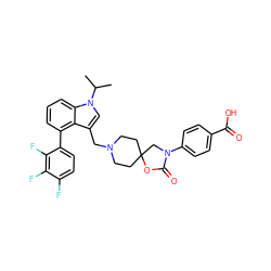 CC(C)n1cc(CN2CCC3(CC2)CN(c2ccc(C(=O)O)cc2)C(=O)O3)c2c(-c3ccc(F)c(F)c3F)cccc21 ZINC000144650841