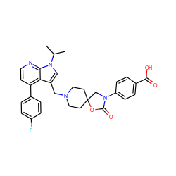 CC(C)n1cc(CN2CCC3(CC2)CN(c2ccc(C(=O)O)cc2)C(=O)O3)c2c(-c3ccc(F)cc3)ccnc21 ZINC000144621394