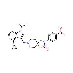 CC(C)n1cc(CN2CCC3(CC2)CN(c2ccc(C(=O)O)cc2)C(=O)O3)c2c(C3CC3)cccc21 ZINC000114366268