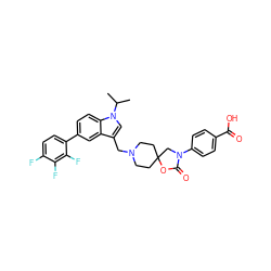 CC(C)n1cc(CN2CCC3(CC2)CN(c2ccc(C(=O)O)cc2)C(=O)O3)c2cc(-c3ccc(F)c(F)c3F)ccc21 ZINC000147730305