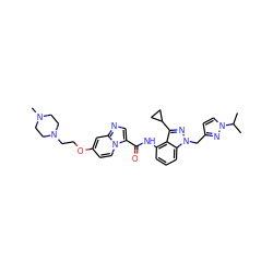 CC(C)n1ccc(Cn2nc(C3CC3)c3c(NC(=O)c4cnc5cc(OCCN6CCN(C)CC6)ccn45)cccc32)n1 ZINC000117895820