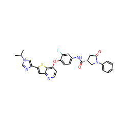 CC(C)n1cnc(-c2cc3nccc(Oc4ccc(NC(=O)[C@@H]5CC(=O)N(c6ccccc6)C5)cc4F)c3s2)c1 ZINC000044387375