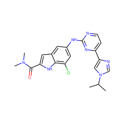 CC(C)n1cnc(-c2ccnc(Nc3cc(Cl)c4[nH]c(C(=O)N(C)C)cc4c3)n2)c1 ZINC000205650843