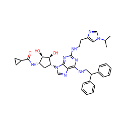 CC(C)n1cnc(CCNc2nc(NCC(c3ccccc3)c3ccccc3)c3ncn([C@@H]4C[C@H](NC(=O)C5CC5)[C@@H](O)[C@H]4O)c3n2)c1 ZINC000049746648