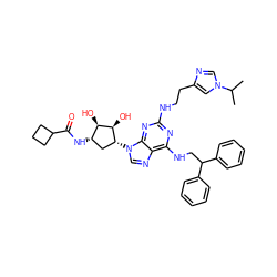 CC(C)n1cnc(CCNc2nc(NCC(c3ccccc3)c3ccccc3)c3ncn([C@@H]4C[C@H](NC(=O)C5CCC5)[C@@H](O)[C@H]4O)c3n2)c1 ZINC000049763135